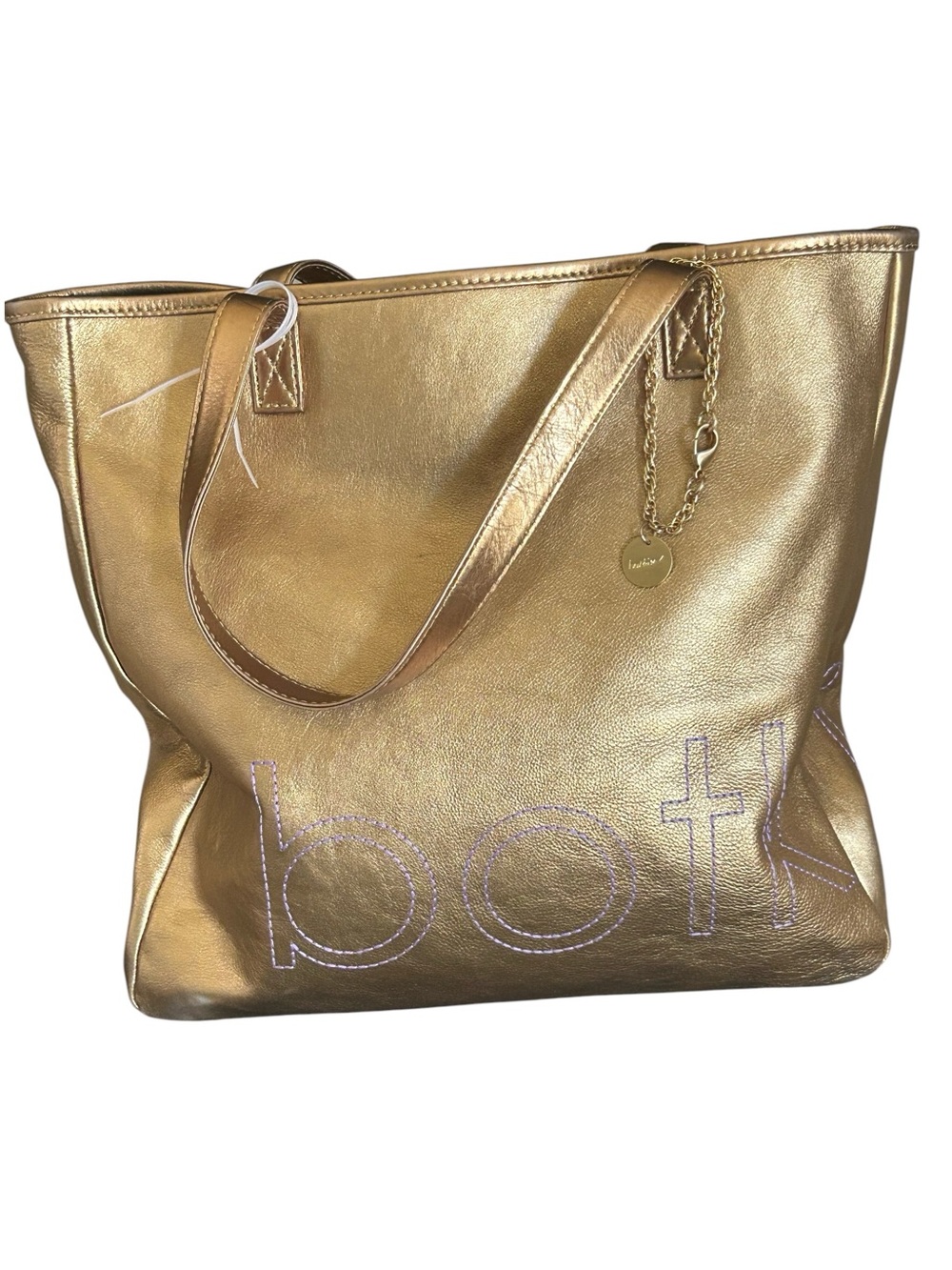 BOTKIER Italian Leather Gold Metallic Soho Tote Purple Embroidered Lettering NEW
